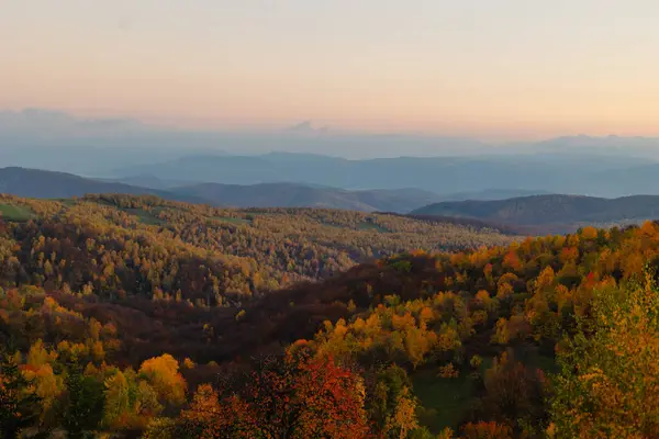 Panoramic View Autumn Forest Mountains Sunrise Featuring Blue Sky Gentle — Stock Photo, Image