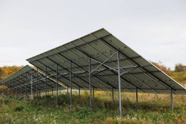 Enerji için güneş ışığından yararlanmak, geniş bir tarımsal arazide metal iskelet üzerindeki güneş panelleri.