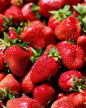 Çerçeveyi dolduran taze, büyük çilekler.