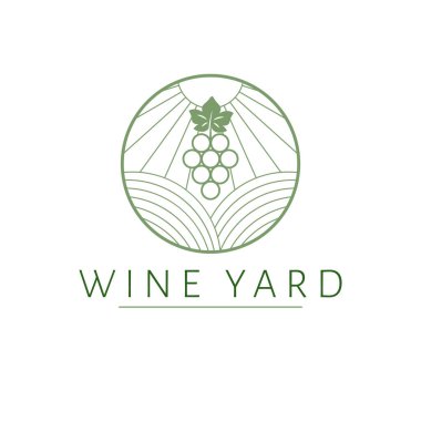 Şarap bahçesi logosu tasarımı. Arazi ve üzümlü amblem amblemi. Modern ve basit logotype.