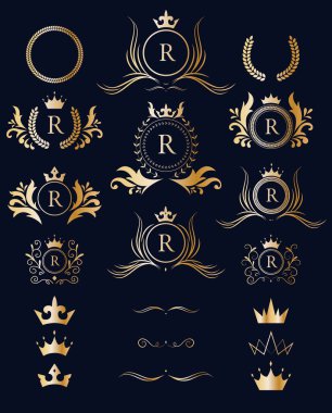 Victorian royal brand logo design collection. Classic luxury logotype. Elegant logo with crown set. clipart