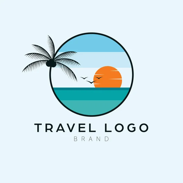 Diseño Del Logo Del Viaje Paisaje Tropical Mar Puesta Del — Vector de stock