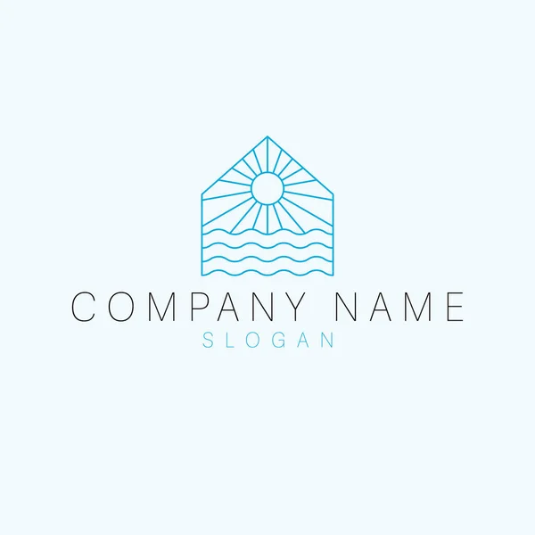 Пляжний Будинок Дизайн Логотипу Сонця Логотип Подорожі Шаблон Логотипу Тропічної — стоковий вектор