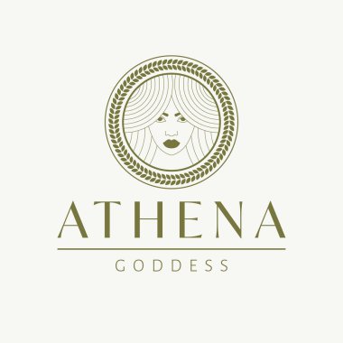 Athena Tanrıça logosu tasarımı. Yunan tanrıça vektör logoti. Güzellik ve sanat endüstrisinin logo şablonu. Bilgelik, endüstriyel strateji ve taktikler tanrıçası.