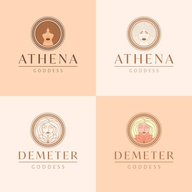 Athena ve Demeter amblemleri yerleştirildi. Güzel tanrıça vektör çizimi, logo tasarımı. Eski kadın logosu seti.