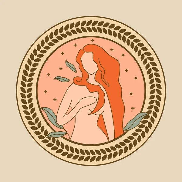 輝きと葉のイラストとオレンジの髪を持つ美しい女性 ヴィーナス女神のイラスト — ストックベクタ
