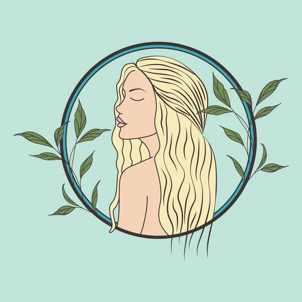 ブロンドの髪と葉の枝イラストと美しい女性の肖像画 — ストックベクタ