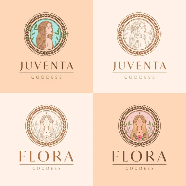 Conjunto Emblemas Juventas Flora Bela Ilustração Vetorial Deusa Design Logotipo —  Vetores de Stock