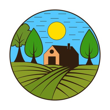 Köy vektör ikonu dizaynındaki ev. Tarım renkli amblem simgesi. Düz simge.