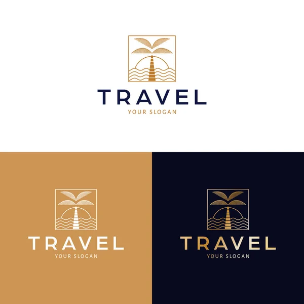 Seyahat Logosu Tasarımı Avuç Içi Günbatımı Vektör Logosu Tropik Tatil — Stok Vektör