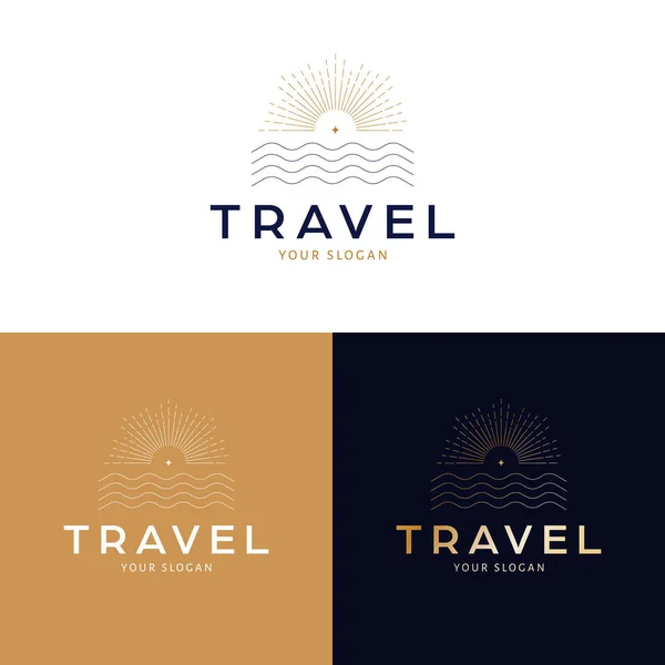 Projekt Logo Podróży Zachód Słońca Morze Abstrakcyjny Wektor Logotyp Tropikalne — Wektor stockowy