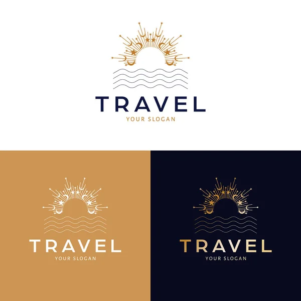 Projekt Logo Podróży Zachód Słońca Morze Abstrakcyjny Wektor Logotyp Tropikalne — Wektor stockowy