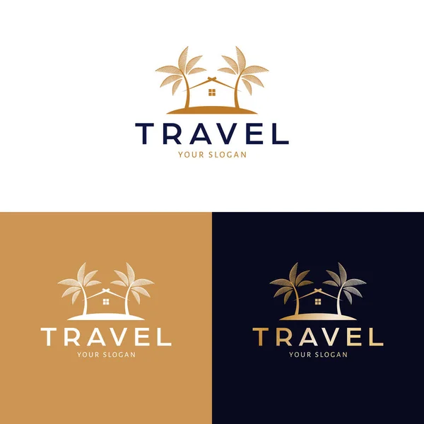 Seyahat Logosu Tasarımı Palmiye Ağaçları Vektör Logosu Tropik Tatil Kiralık — Stok Vektör