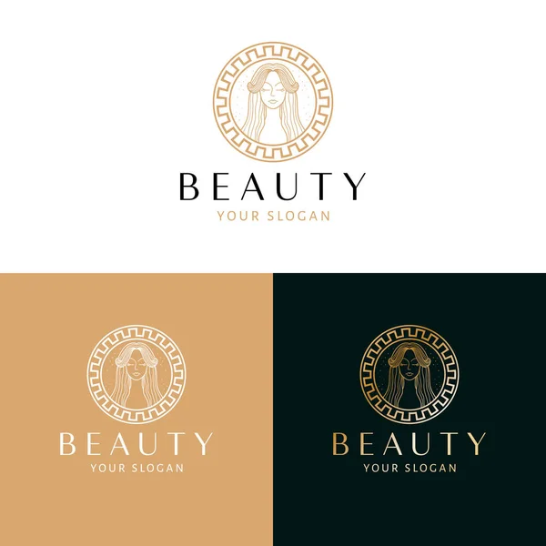Design Logotipo Beleza Cosméticos Mulher Bonita Retrato Logotipo Vetor Boêmio —  Vetores de Stock