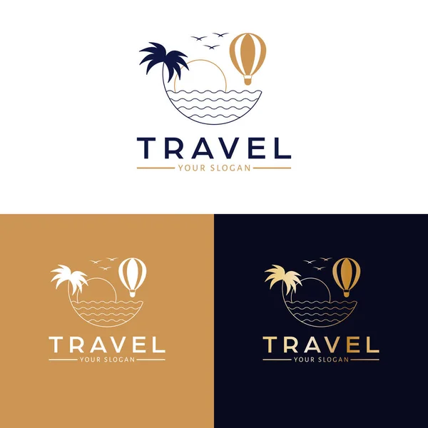 Travel Vector Icon Design Hot Air Balloon Waves Palm Logotype — Stock Vector