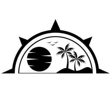 Pusula ve ada vektör ikonu tasarımı. Avuçlar ve güneş düz simgesi.