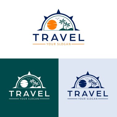 Seyahat vektör logosu tasarımı. Palmiye ağaçları ve güneş logosu. Tropik tatil beldesi logo şablonu.