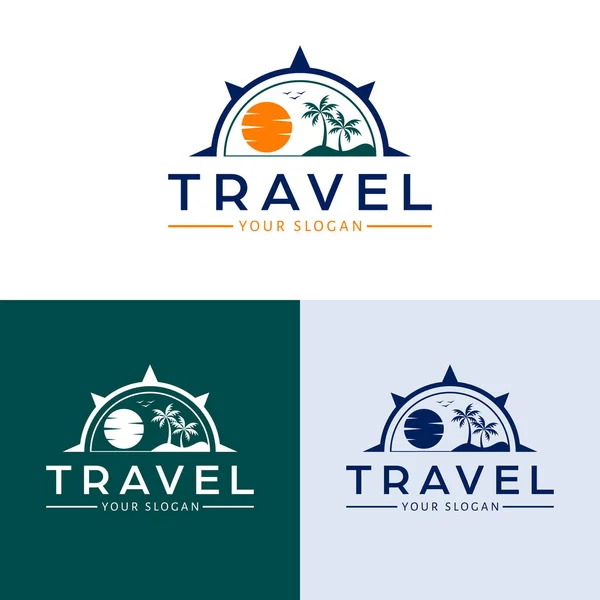 Projekt Logo Wektora Podróży Palmy Logotyp Słońca Szablon Logo Tropikalnego — Wektor stockowy