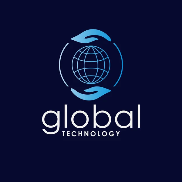 Global Technology Vector Logo Design Globe Hands Symbol Logotype Tech — Stock Vector
