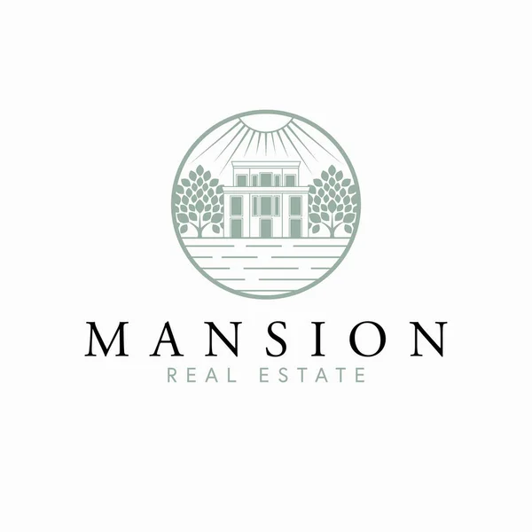 Mansion Progettazione Del Logo Vettoriale Immobiliare Casa Moderna Alberi Logotipo — Vettoriale Stock