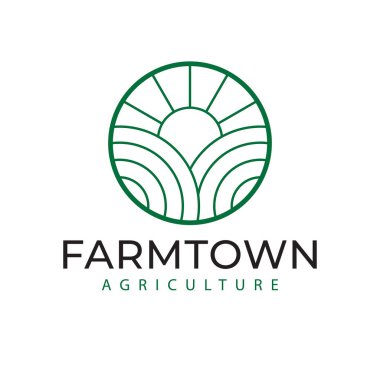 Farmtown tarım vektör logosu tasarımı. Manzara görünümü logosu. Organik ve eko logo şablonu.