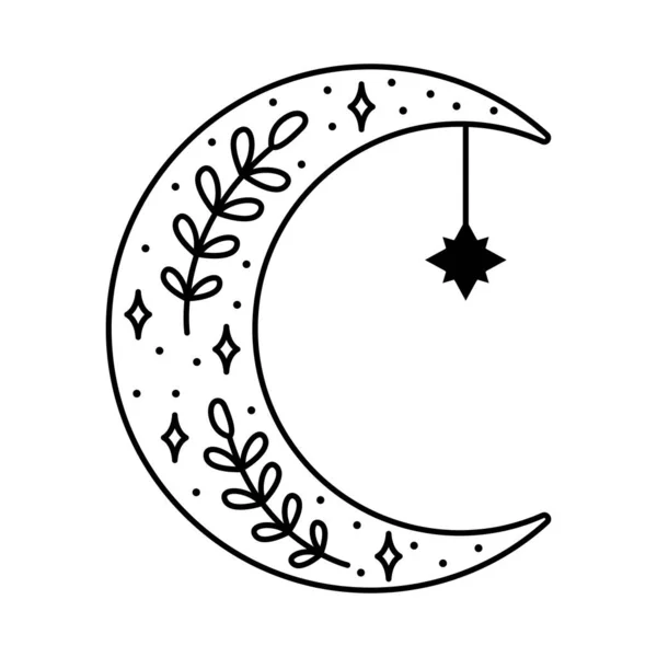 波希米亚新月形与恒星和叶子矢量图标的设计 Boho平面图标 — 图库矢量图片