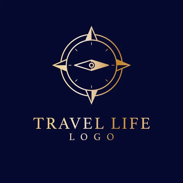 Travel Life Vector Logo Design Minimalistic Compass Logotype Elegant Gold — Stock Vector