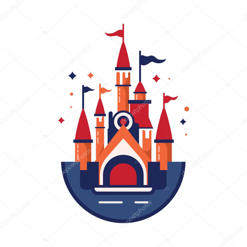 Cartoon castle funny vector illustration. Childish icon design. Tower sticker design. Fun palace symbol.