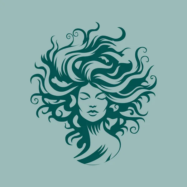 髪を振ってオークの木の形をした女性 抽象的な美容業界ベクトルのロゴデザイン ユニークなイラスト — ストックベクタ