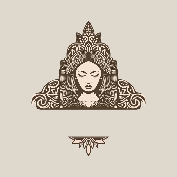 王冠ベクトルロゴテンプレートを持つ女性 自然アイコンデザイン 美容業界のシンボル — ストックベクタ