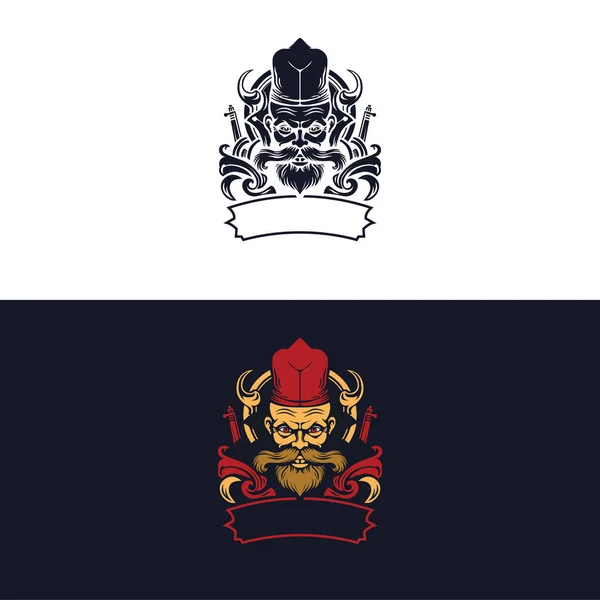 Дизайн Логотипа Татуировки Воин Шляпе Векторный Шаблон Длинных Усов — стоковый вектор