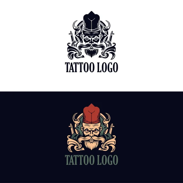 Дизайн Логотипа Татуировки Воин Шляпе Векторный Шаблон Длинных Усов — стоковый вектор