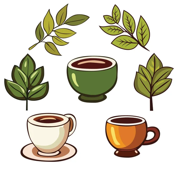 Set Von Matcha Tee Und Kaffee Verwandten Objekten Bunte Vektorsymbole — Stockvektor