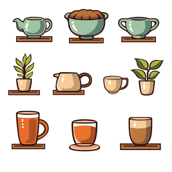 Kahveyle Ilgili Büyük Parçalar Bitki Simgeleri Kafe Içecek Renkli Simgeler — Stok Vektör