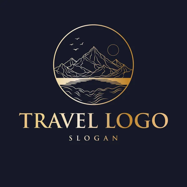 Seyahat Vektör Logosu Tasarımı Yuvarlak Dağlar Güneş Vektörü Amblemi — Stok Vektör