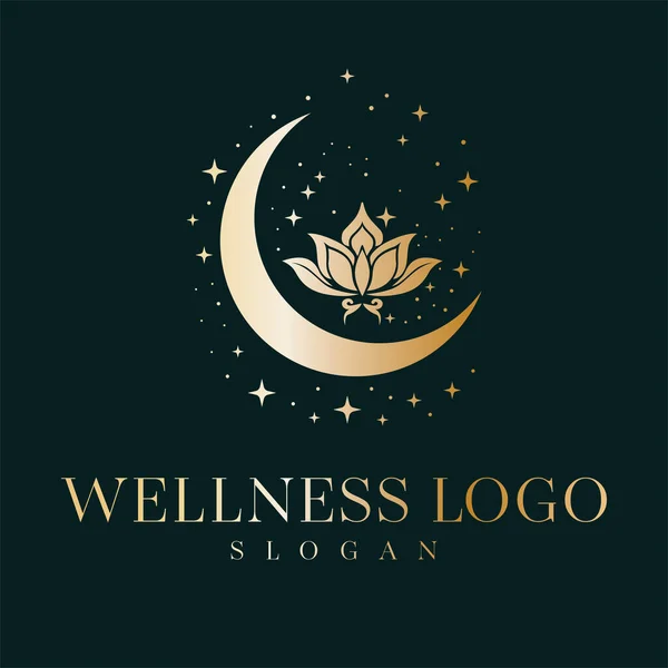 Wellness Vector Logo Design Moon Crescent Lotus Flower Vector Emblem — Stock Vector