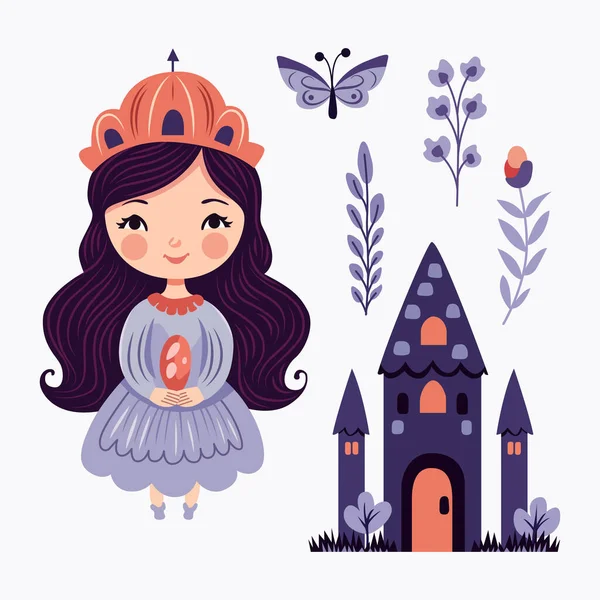 Charmante Princesse Dessin Animé Aux Teintes Violettes Entourée Fleurs Fantaisistes — Image vectorielle