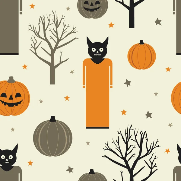 Cadılar Bayramı Projelerinizi Balkabağı Kedi Ağaç Desenli Tasarımlarla Değiştirin Ürkütücü — Stok Vektör