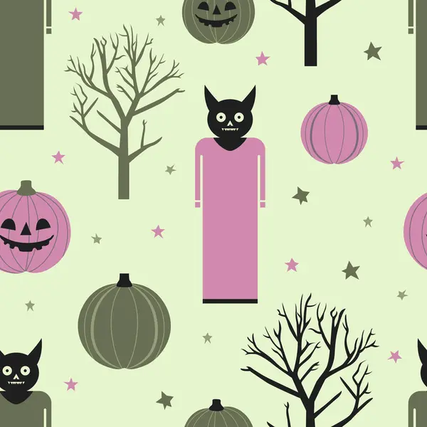 Transforme Seus Projetos Halloween Com Design Abóbora Gato Padrão Árvore — Vetor de Stock