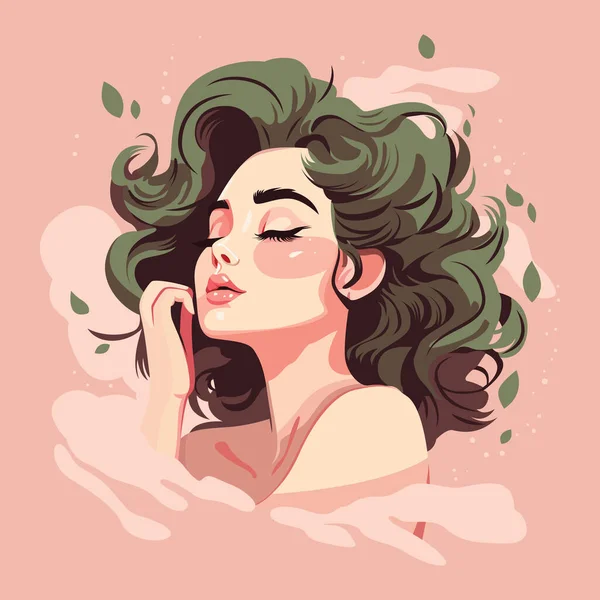 Cute Girl Portrait Tree Green Hair Whimsical Illustration Pink Green — Stock Vector