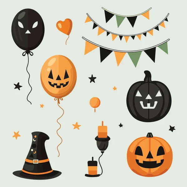 Zestaw Elementów Wektorowych Halloween Przerażające Balony Dynie Flagi Świeca Kapelusz — Wektor stockowy