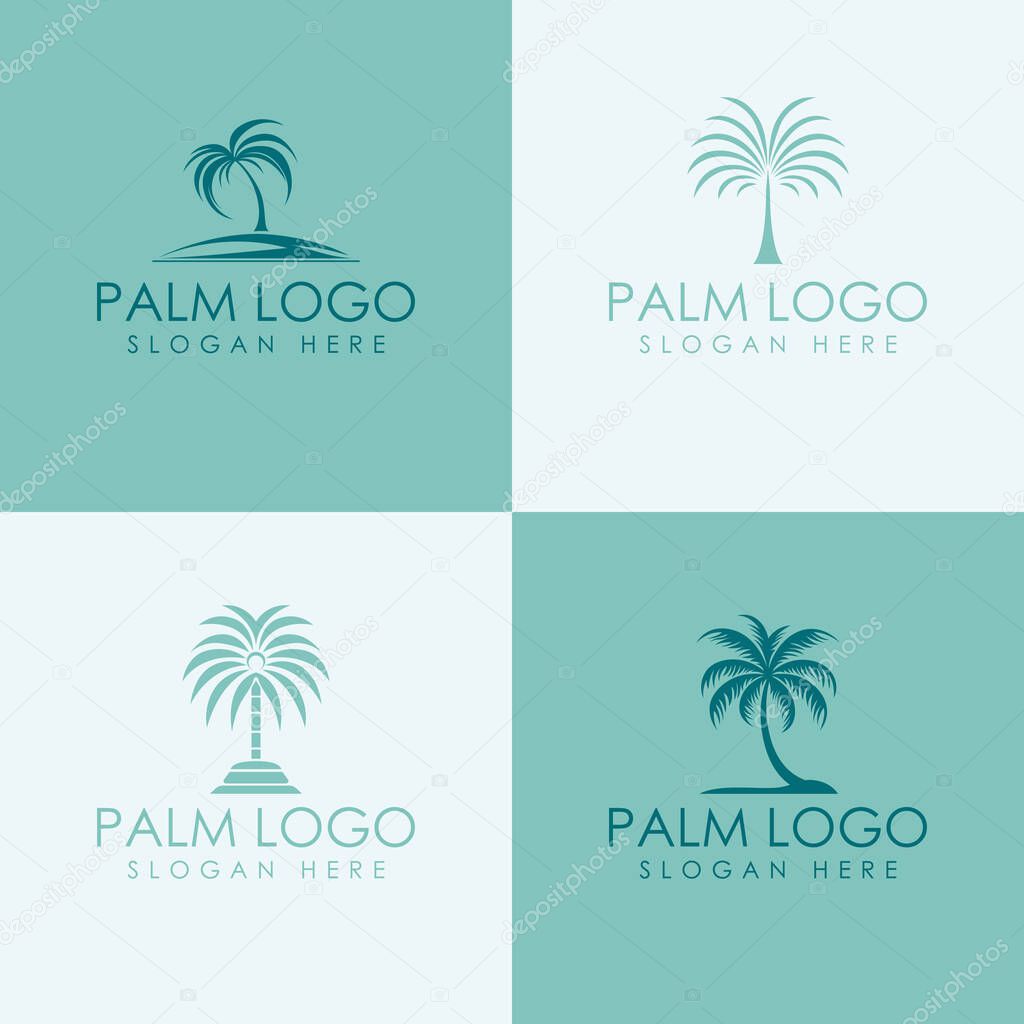 Explore four modern vector logos featuring palm trees, symbolizing tropical elegance and relaxation. Perfect for brands seeking a sleek and contemporary identity.