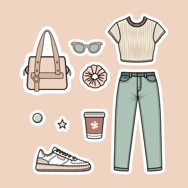 Moda Gündelik Şık Kız Giysileri. Modern Vektör Etiketi Ayarları