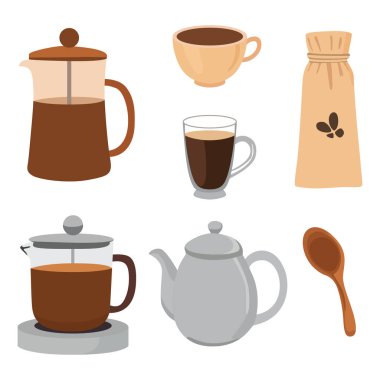 Vector Set of Hand-Drawn Coffee Cups and Kettles clipart