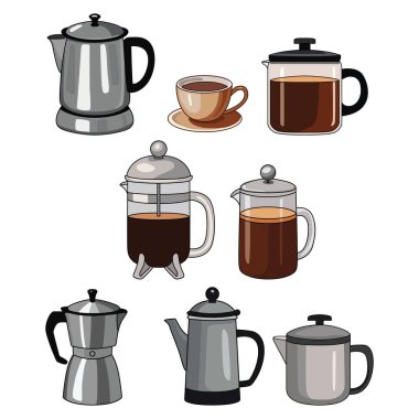 Vector Set of Hand-Drawn Coffee Cups and Kettles clipart