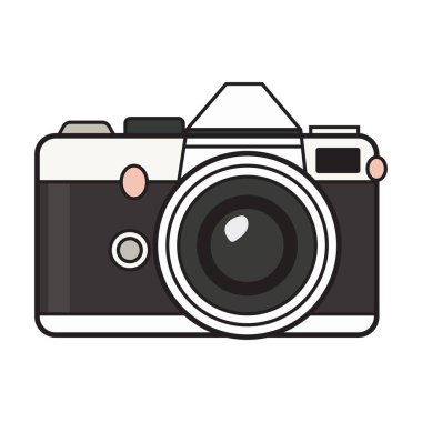Klasik bir fotoğraf makinesinin detaylı bir vektör çizimi, büyük bir lens, metal gövde ve deri aksanlı klasik bir tasarım içeriyor.. 