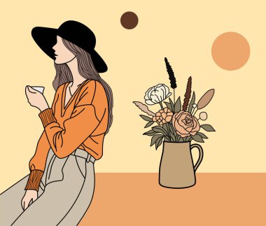 Siyah şapkalı bir kadının, elinde kupa, elinde çiçeklerle vazonun yanında otururken minimalist bir tasviri. Sıcak topraksı tonlar hoş ve zarif bir estetik yaratır..