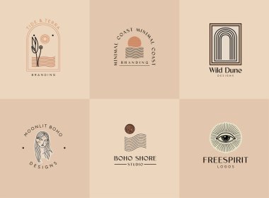 Elegant boho coastal logo set featuring minimal line art, waves, sun, nature, and mystical elements. Perfect for branding, boutique businesses, wellness, beauty, lifestyle, and organic brands.