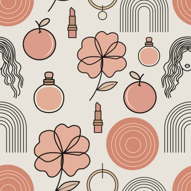 Kadınsı ikonları olan kusursuz boho deseni: çiçekler, gökkuşağı, ruj, parfüm, yüzler ve yumuşak şeftali tonlarında meyveler. Güzellik, yaşam tarzı ve moda projeleri için harika..