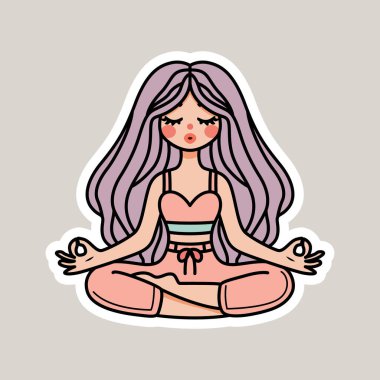 Yoga pozisyonunda uzun saçlı ve rahat bir ifadeyle meditasyon yapan bir kızın hoş bir tasviri. Sağlık, farkındalık ve yaşam tarzı temalı tasarımlar için mükemmel..